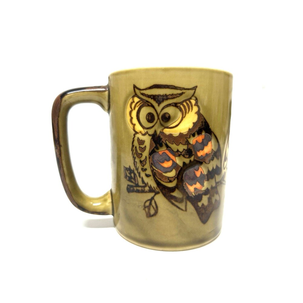Vtg Otagiri Japan MCM 3 Owls Coffee Mug Cup Green Brown Multicolor Boho Western